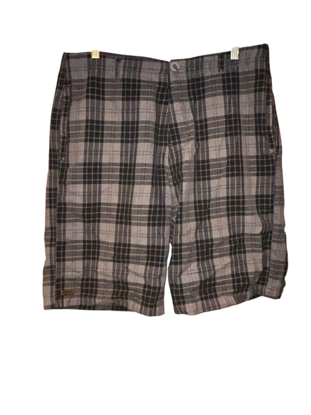 DC Plaid Shorts Mens Size 34‎ Gray Black Purple Button Fly Skate Casual Stretch